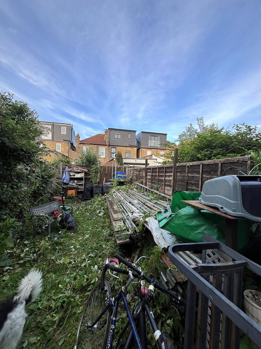 Long garden overgrown with clutter along the fence